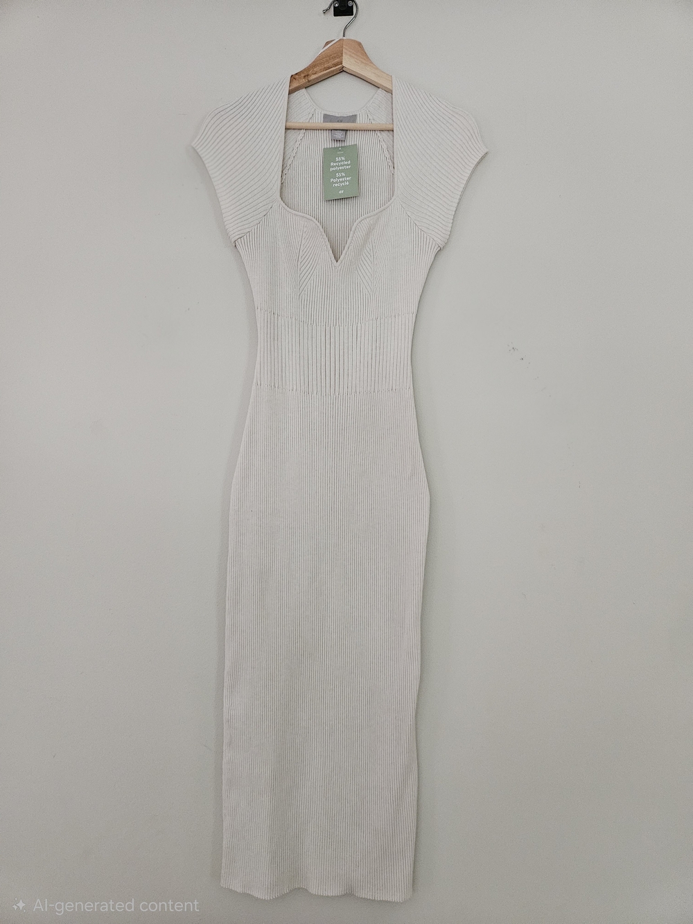 NWT H&M Cream Ribbed Knit Sweetheart Neckline Midi Bodycon Dress - Size Medium